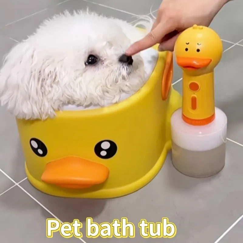 Blue PVC duck-shaped bathtub for washing a small dog or cat, a non-electric portable pet washing tub.