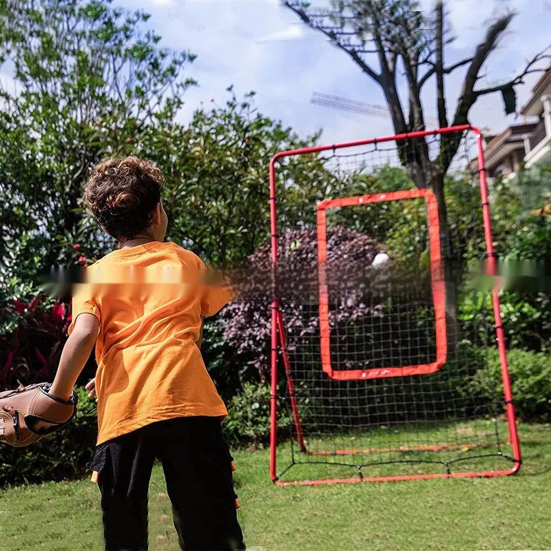Red portable baseball training net with metal frame folded to 95x16x14.5cm dimensions