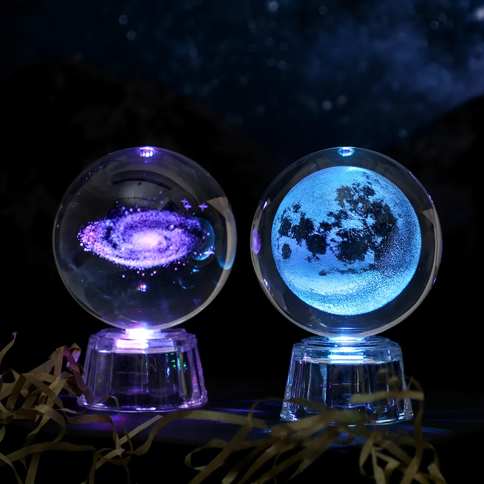 Transparent luminous crystal ball ornament with inner carvings on fixed base for desktop decoration