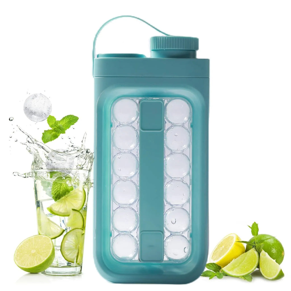 Light blue and white 2-in-1 ice ball cold kettle showing ice tray and bottle functions
