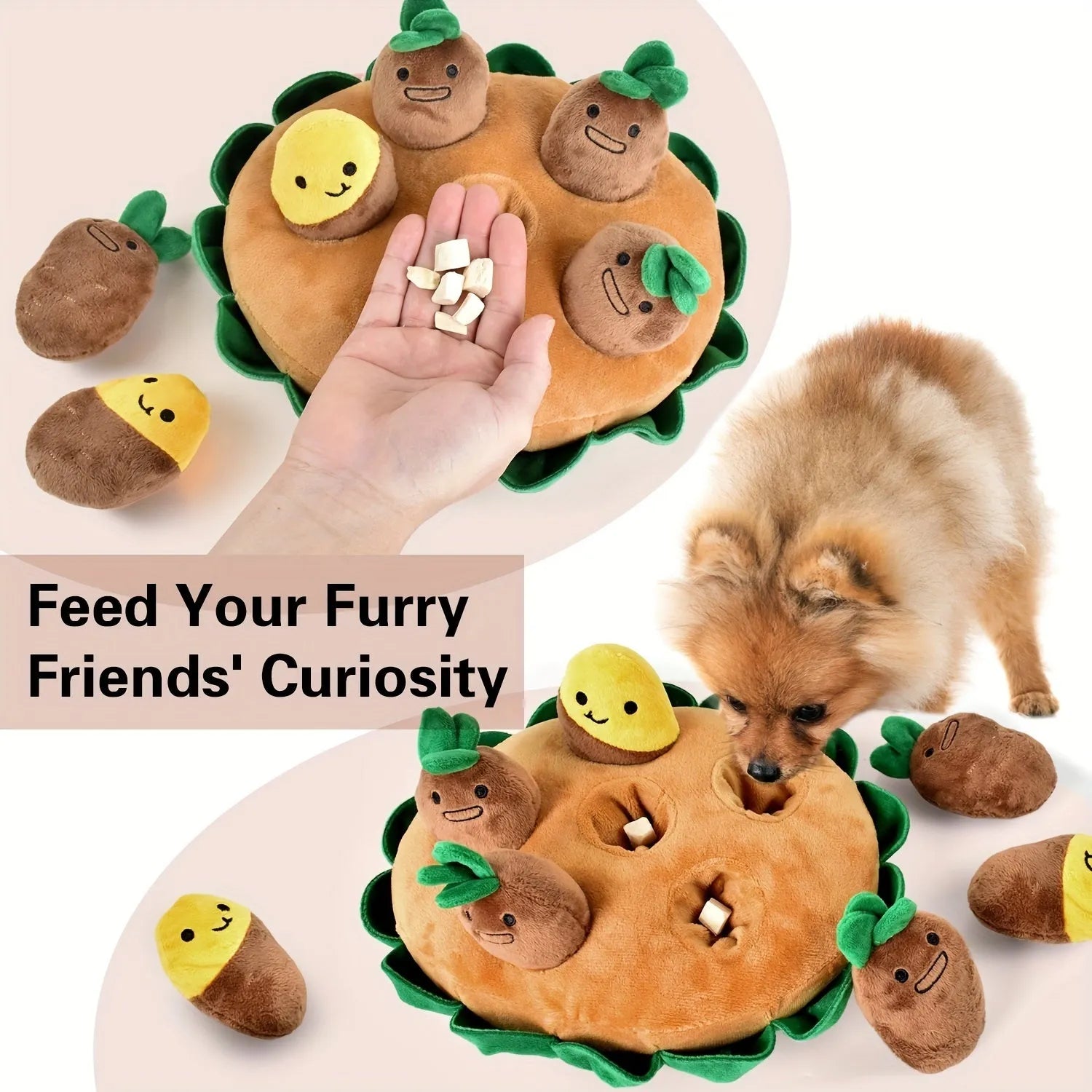 Yellow interactive dog puzzle toy pad with removable squeaky plush toys for foraging training