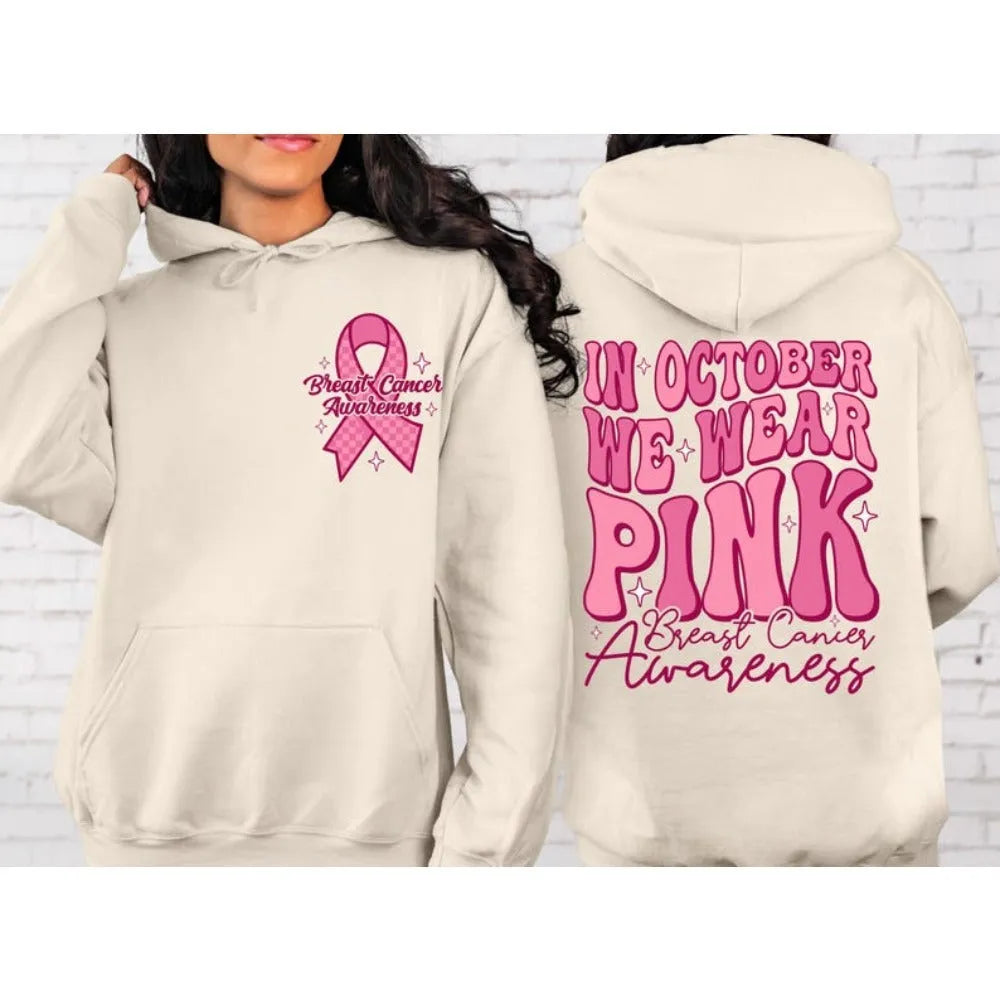 Breast Cancer Awareness retro print hoodie with side pockets in pink, white, khaki, or black.