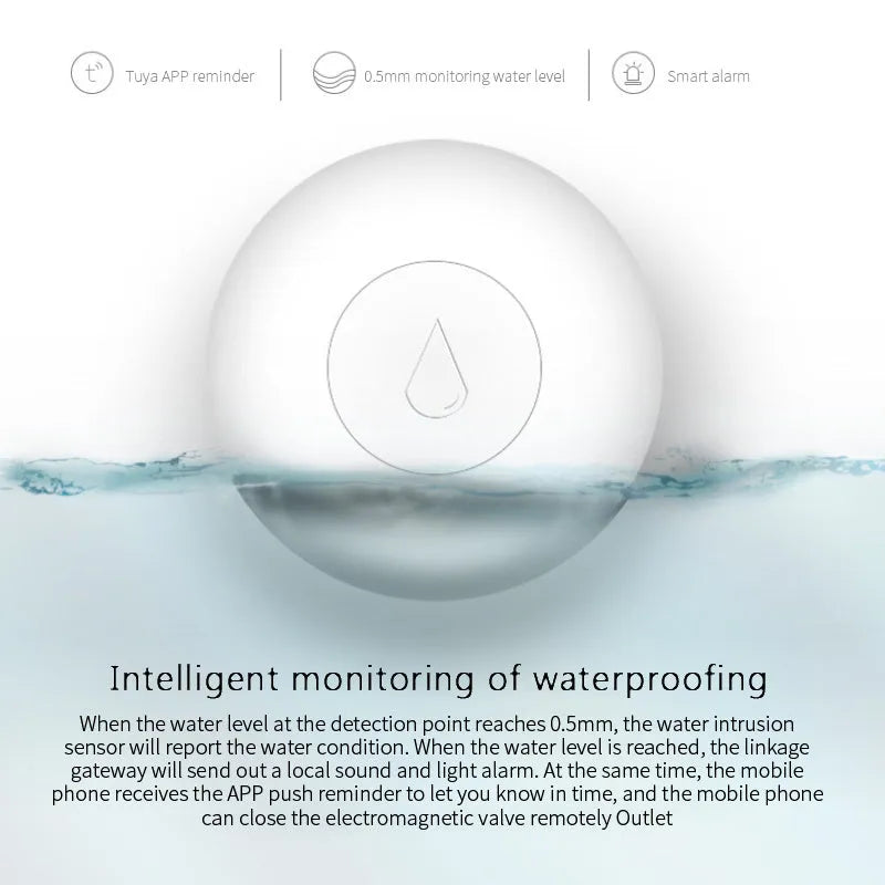 Small white Zigbee wireless water flood sensor on a surface
