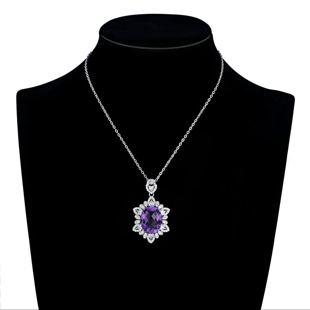 Natural amethyst pendant necklace in 925 silver, geometric design, white gold colour