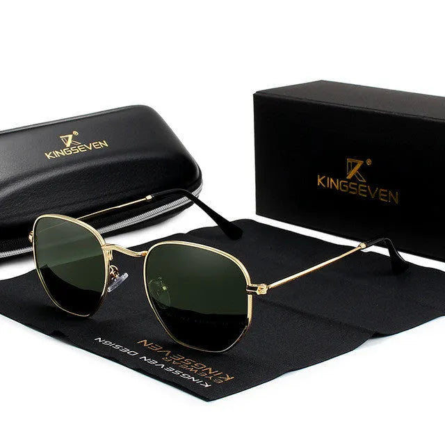 Men's classic round retro sunglasses in black frame on a grey background.