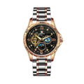 Automatic mechanical men's watch with rose gold case and black dial on wrist.