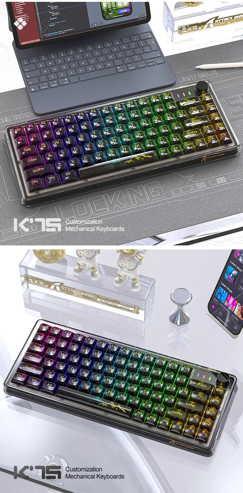 Attack Shark K75 wireless mechanical keyboard with transparent black case showing internal components and RGB lighting