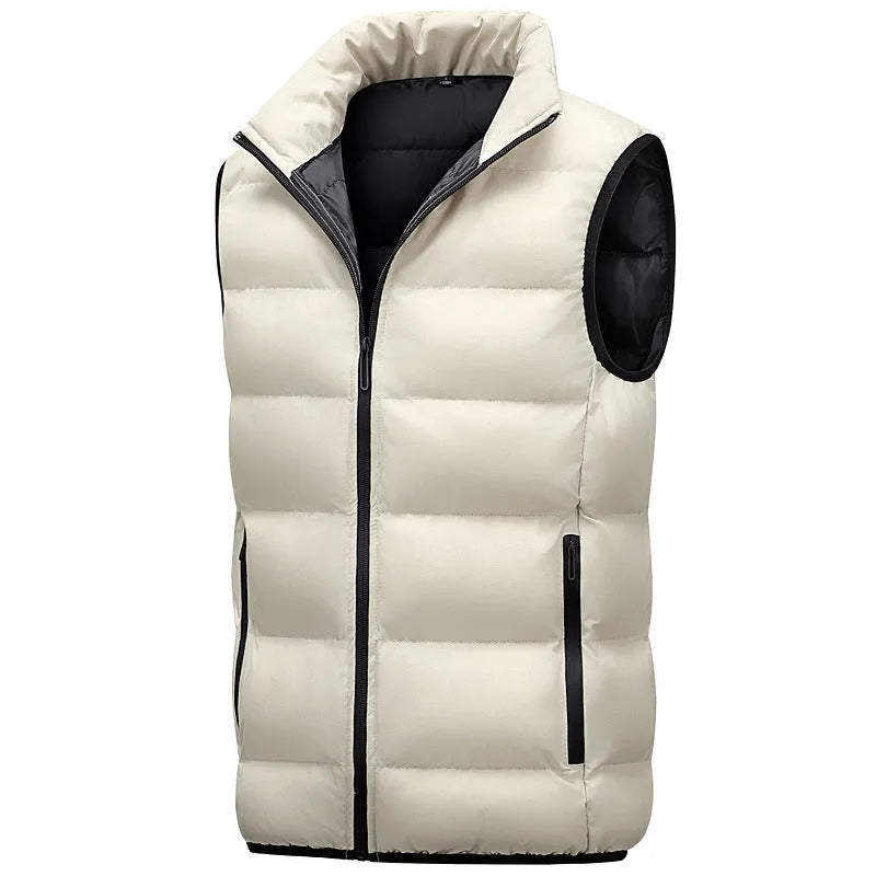 Men's casual waterproof polyester vest in black with straight hem, shown on model