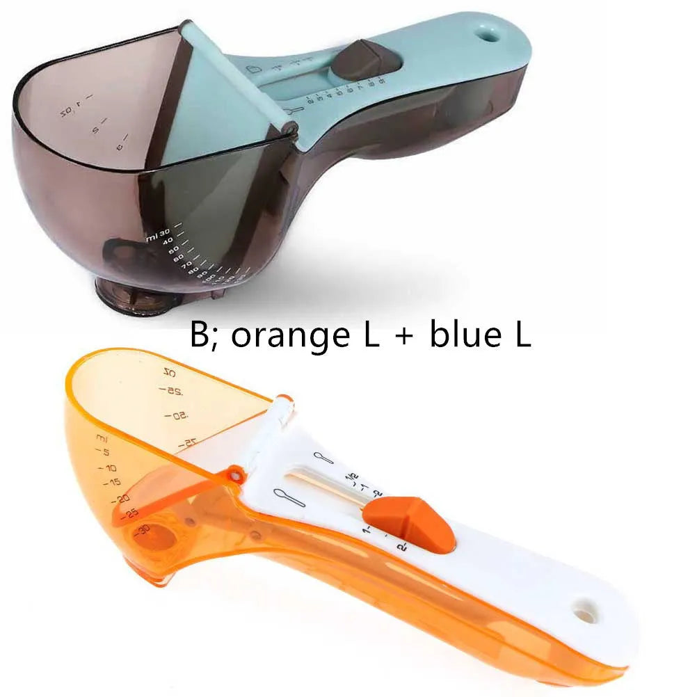 Orange and blue digital measuring spoons with magnetic base and measurement markings.