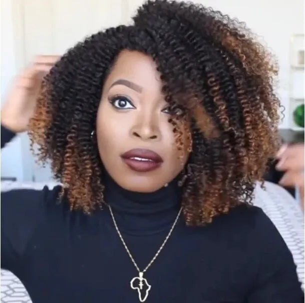 Short curly wig explosion head style long bang high temperature silk black brown gradient for ladies