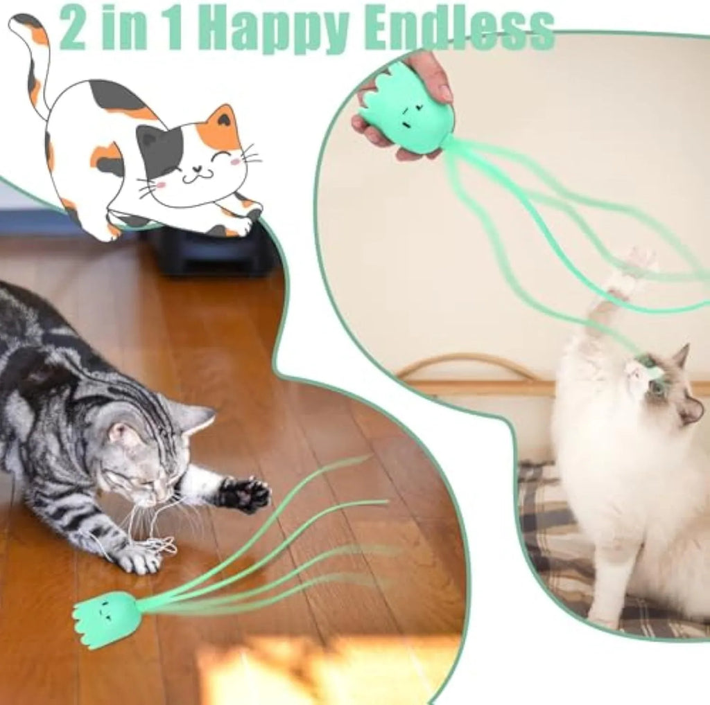 Green automatic cat wand toy with swinging silicone tails on white background