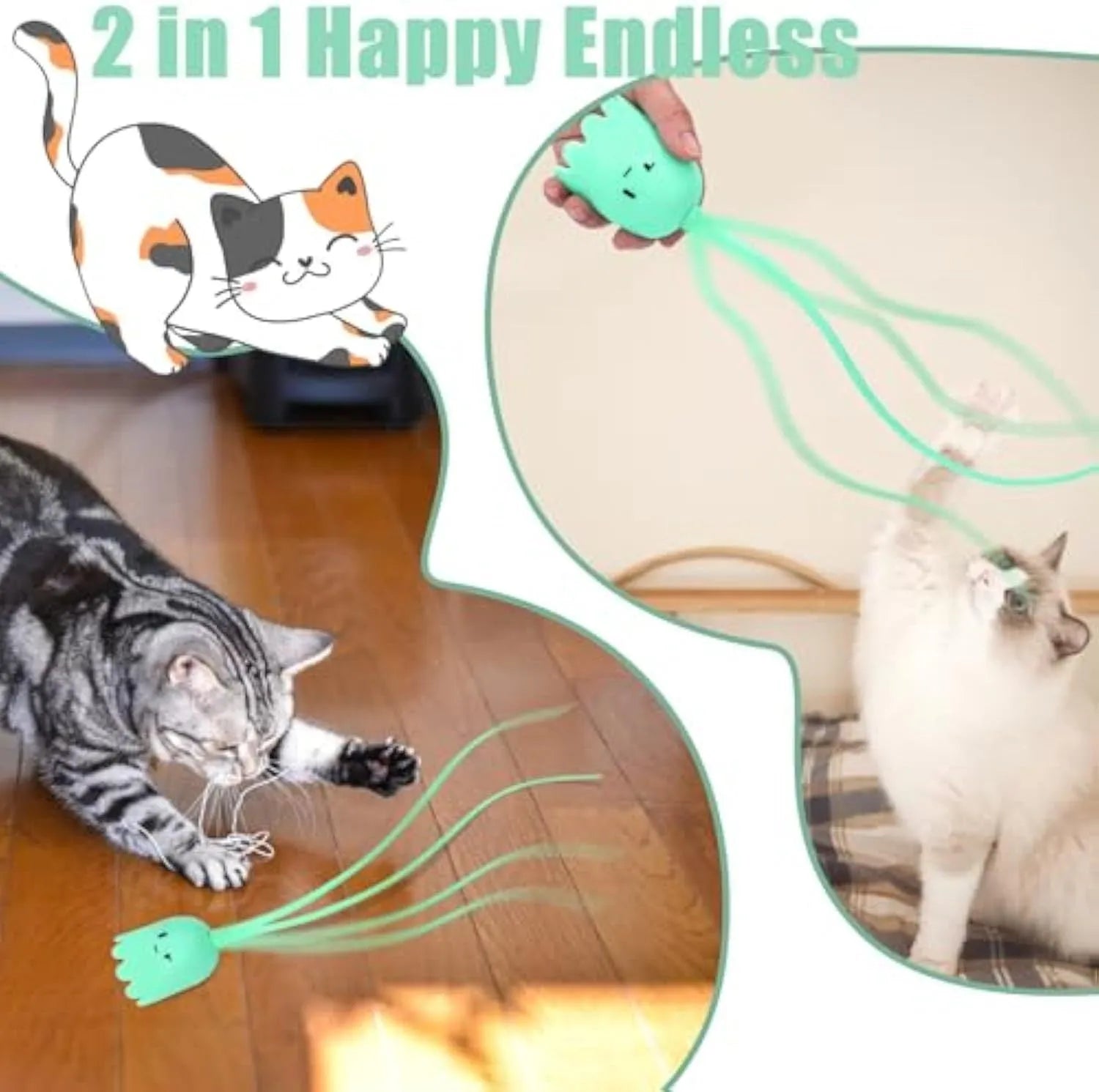 Green automatic cat wand toy with swinging silicone tails on white background