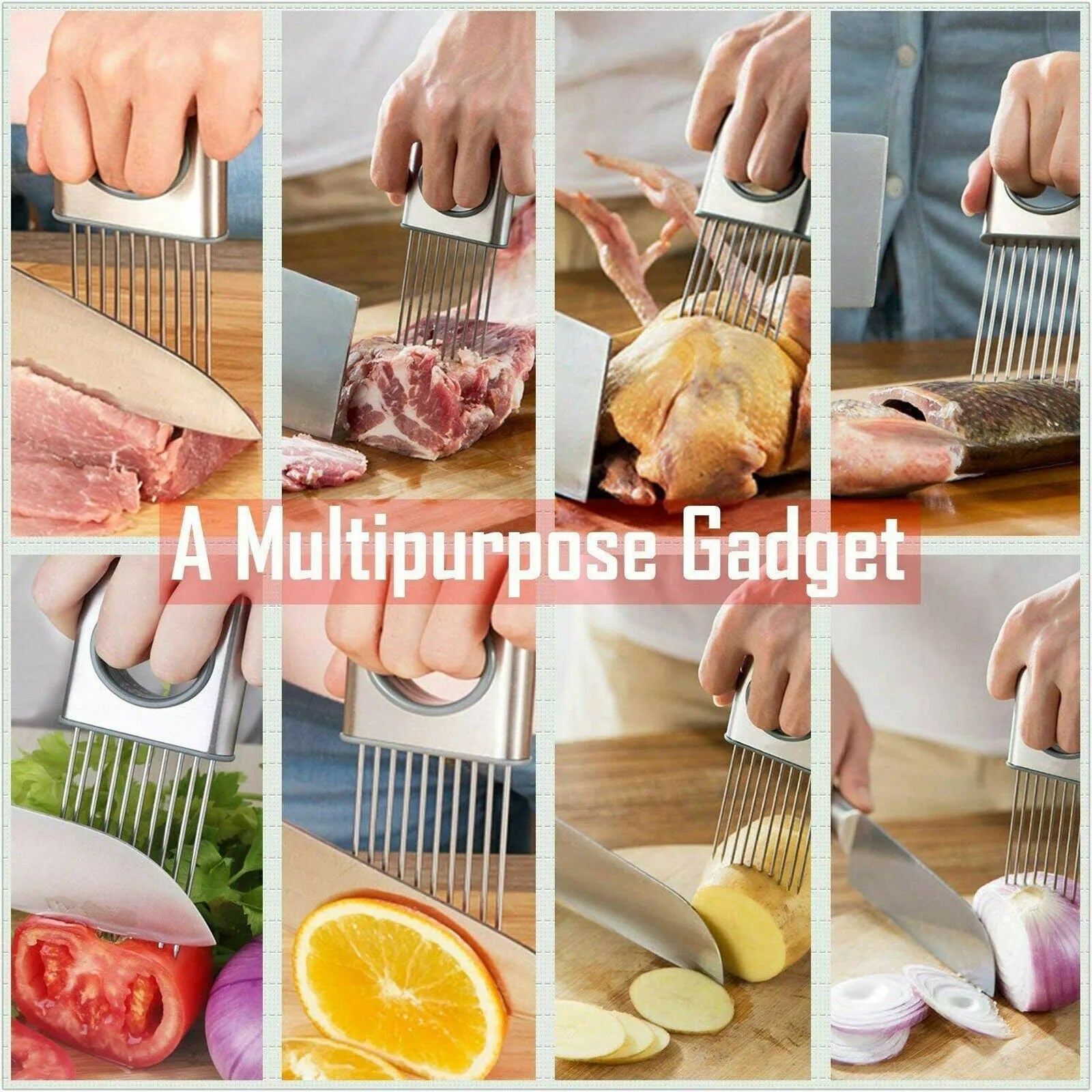 Stainless steel onion holder slicer kitchen tool with sharp prongs and finger guard on a cutting board.