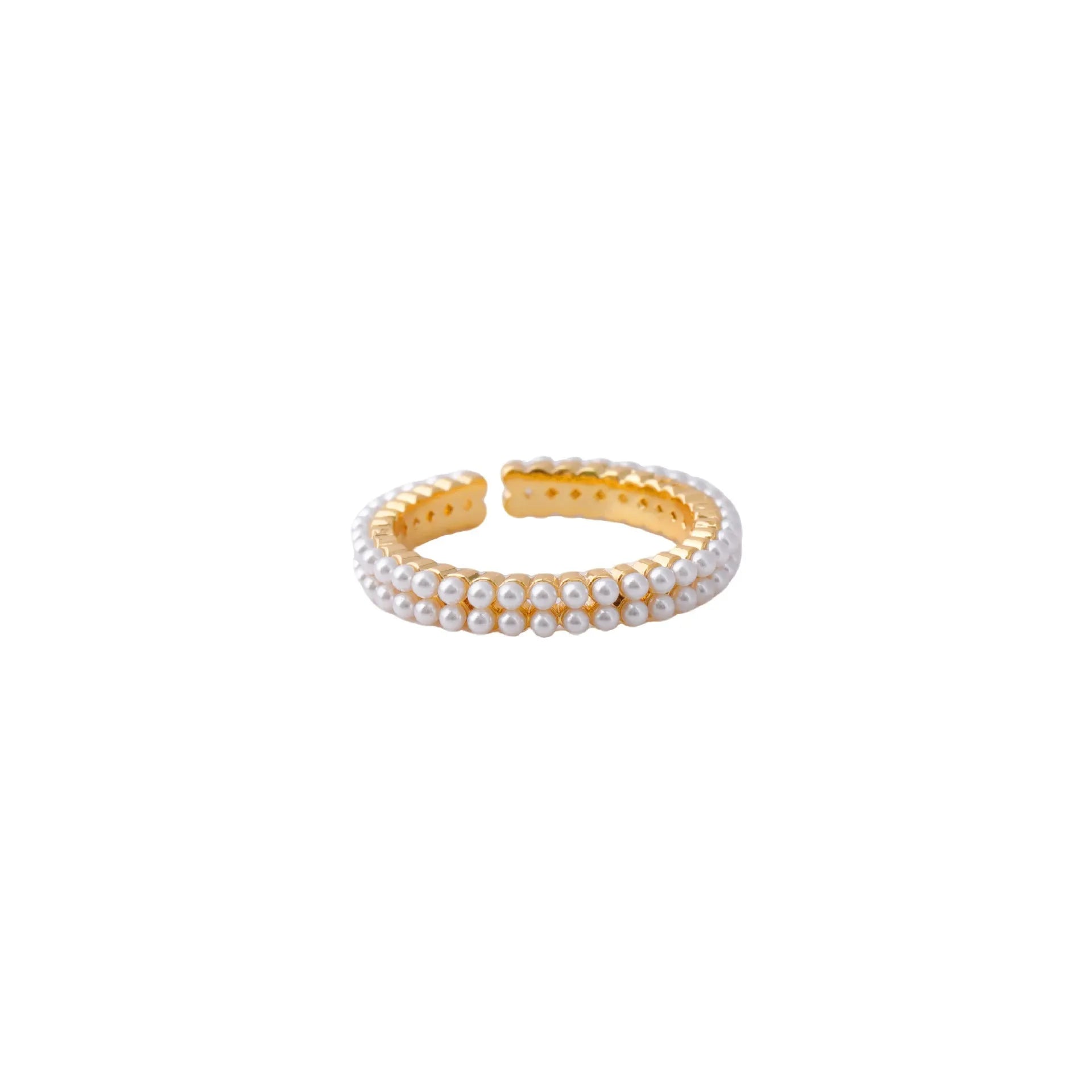 Gold geometric open mouth pearl ring for women with round elements and electroplated finish