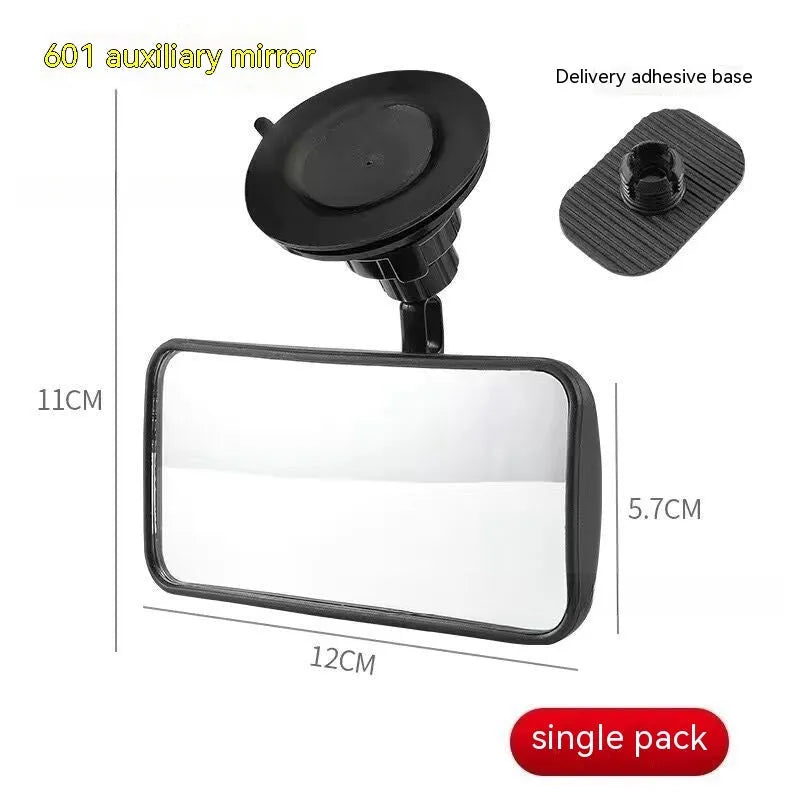 Black 360-degree rotating rearview mirror for cars shown with a large sucker mount for windscreen attachment.