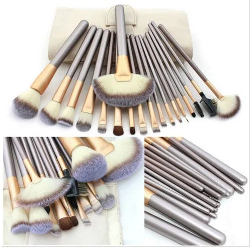 Persian make-up brush set with rice white bristles and champagne handles, showing 12, 18, and 24 brush set options.