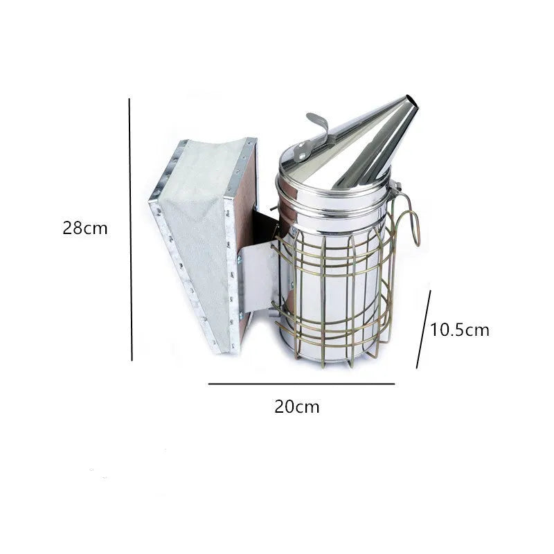Stainless steel manual bee smoker with leather components for agricultural beekeeping