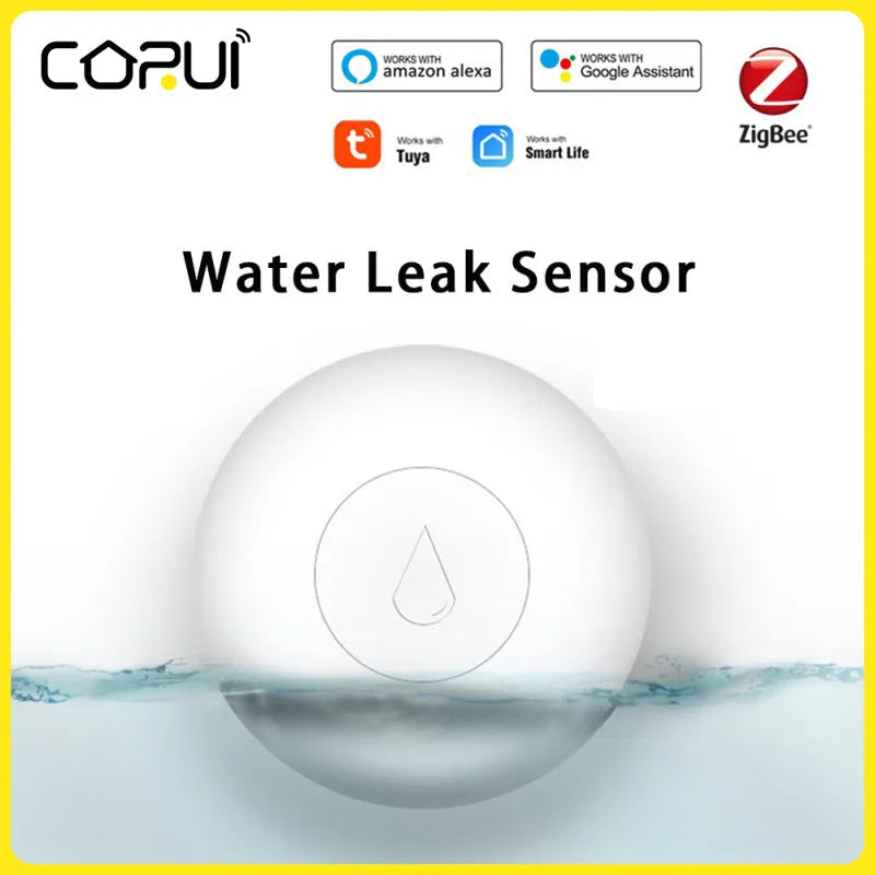 Small white Zigbee wireless water flood sensor on a surface