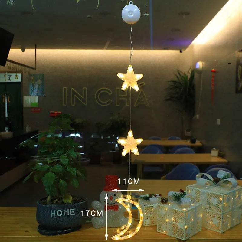 Christmas window lights with star-shaped LED pendants and suction cups for battery-operated festive decoration