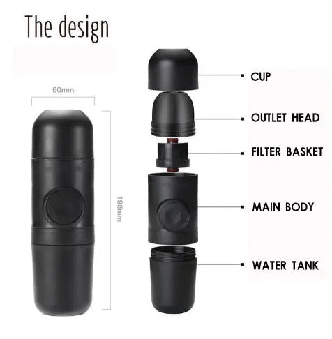 Compact black portable manual coffee machine for espresso, shown with dimensions 6cm by 17.5cm