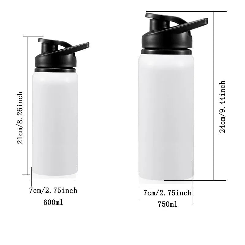 White aluminium sports water bottle with leak-proof lid, shown in 600ml and 750ml capacities for cycling and running.