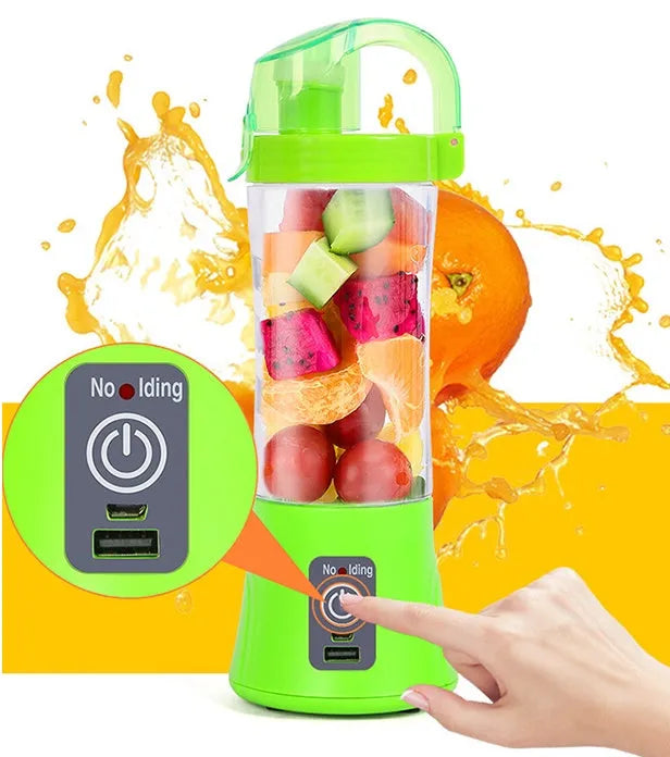 Blue handheld electric juicer with 400ml transparent cup and USB charging cable
