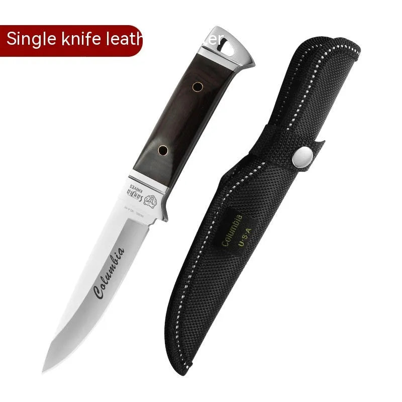 Camping fruit knife with stainless steel blade in leather protective case