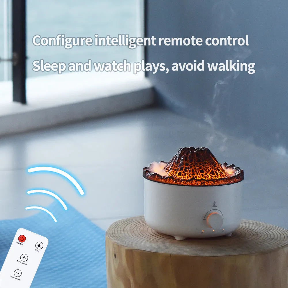 White volcano-shaped humidifier and essential oil diffuser with orange and blue simulated flame light effect.