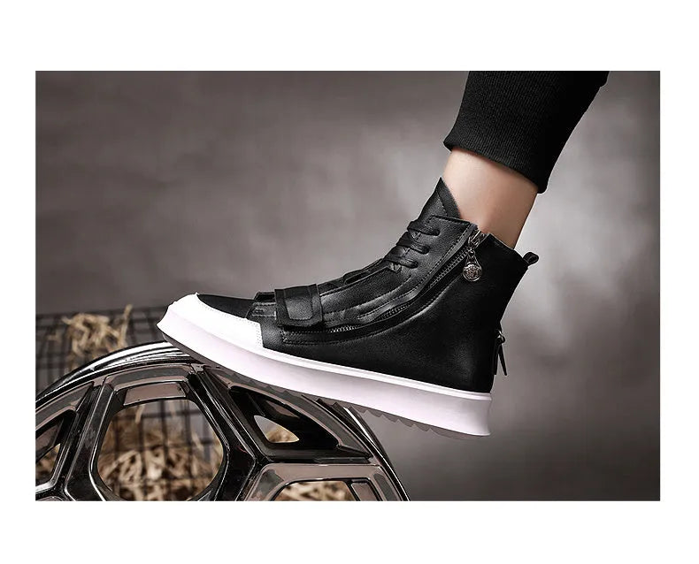 Black and white men's microfiber ankle boots with high-top sneaker design for winter wear