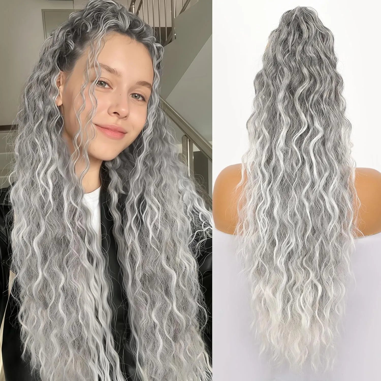 Long curly synthetic ponytail wig in high temperature fibre, 30 inches in length.