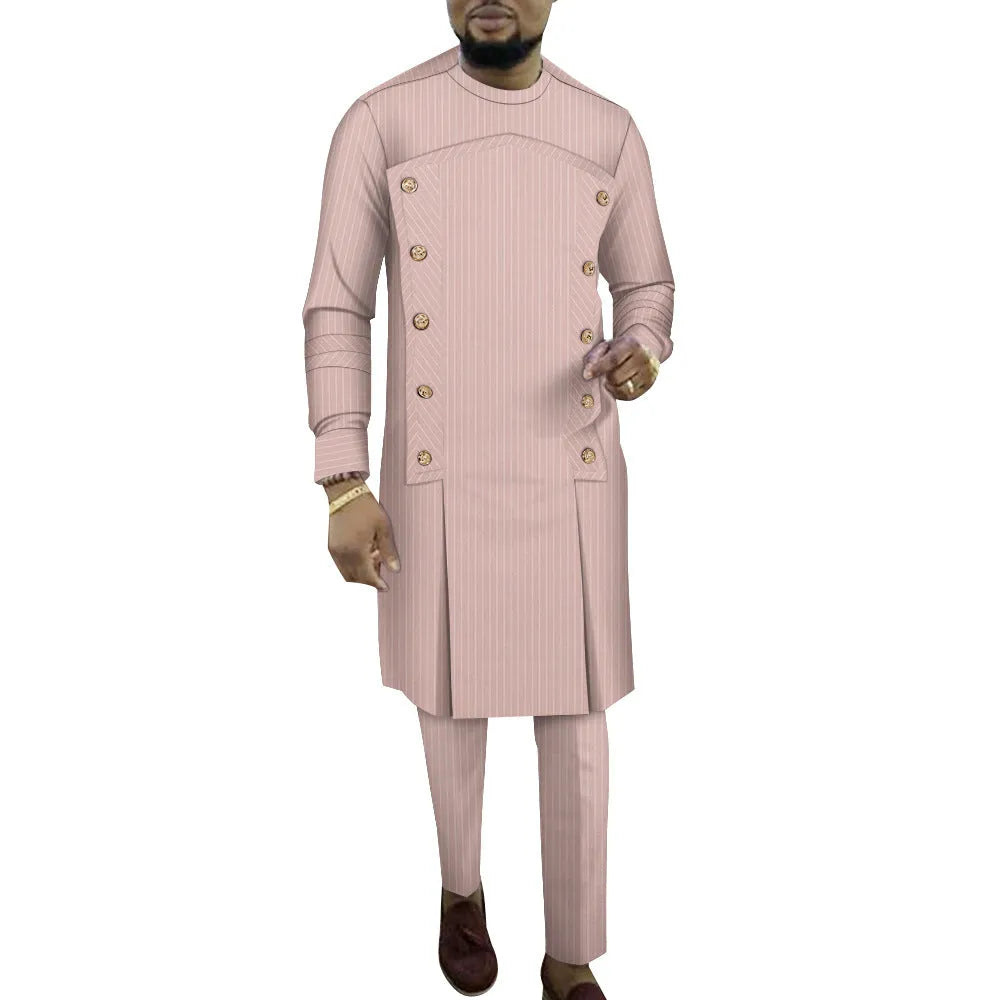African men's striped cotton two-piece robe set showing long-sleeved top and trousers.