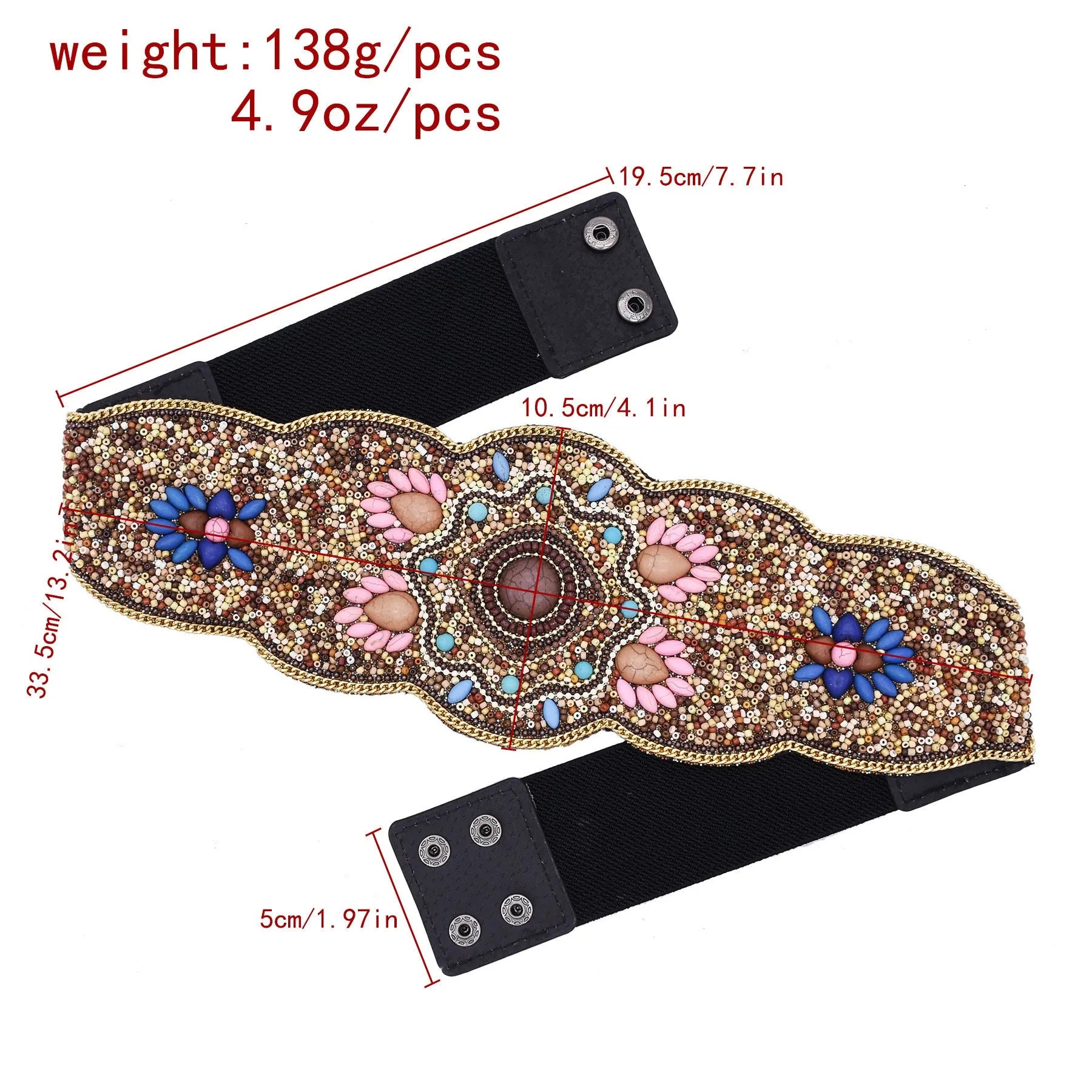 Beaded imitation turquoise elastic waistband belt on faux leather with visible stitching, unisex adult size