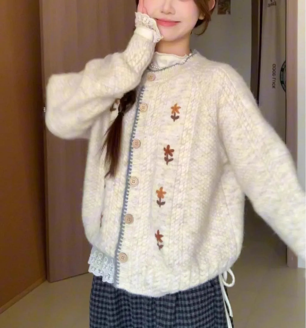 Women's oatmeal knitted cardigan with flower pattern, round neck, button front, long sleeves