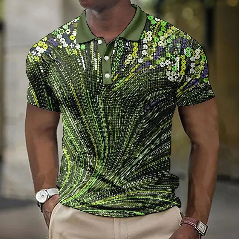 Men's geometric printed striped short sleeve button shirt with asymmetric styling