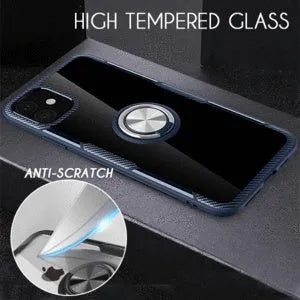 Black PU iPhone case with an integrated swivelling car holder arm attached to the back cover.