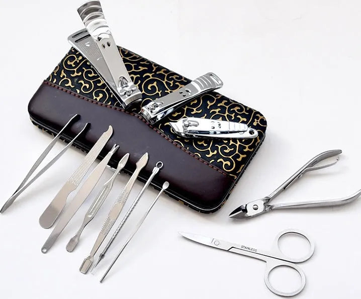 Stainless steel 9-piece nail clipper and manicure tool set in a compact case with random colour finish