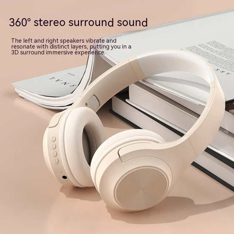 Creative design wireless Bluetooth headset in ivory white colour with a matching charging case.
