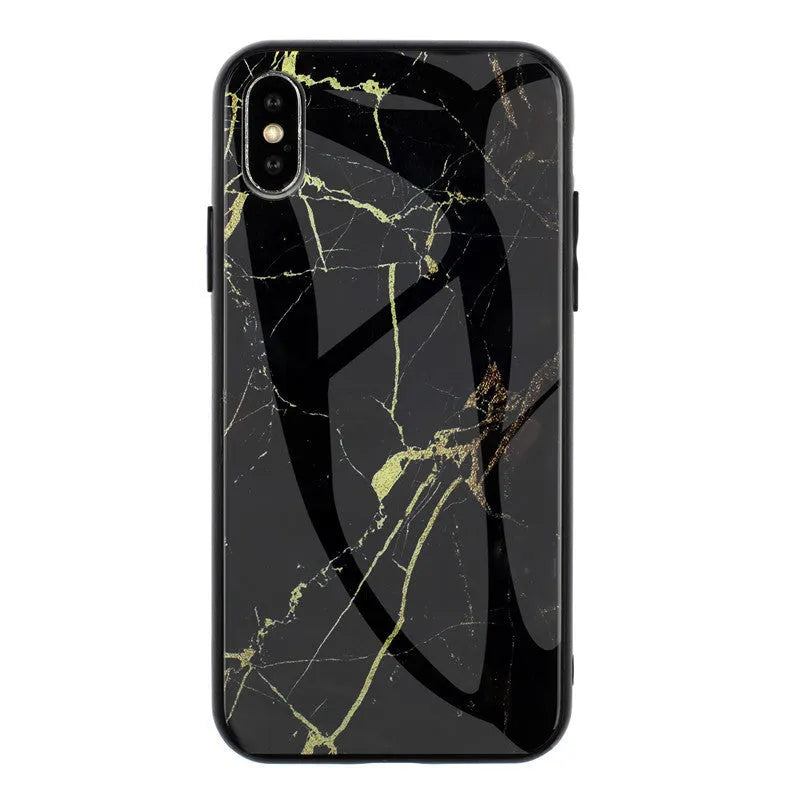 Clear marbled glass design Huawei phone case with cartoon pattern on a table.