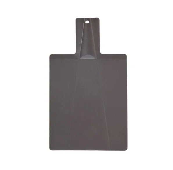 Green folding plastic cutting board with non-slip texture and hanging hole on kitchen countertop