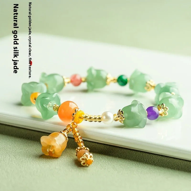 Carved natural Xinjiang Jinsi Jade bracelet with orchid beads in aventurine orchid colour, for wrists 14-18cm.