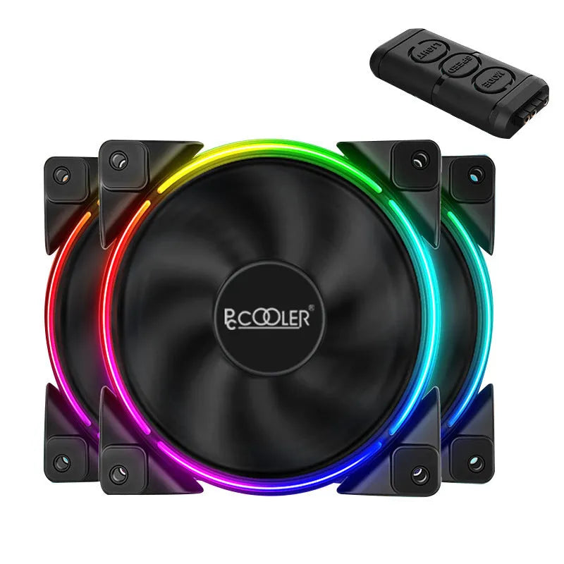 Three black 12cm RGB lighting computer case cooling fans showing fan blades and housing.