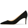 Women's black pointed toe slip-on pump with a kitten heel on a soft rubber sole.