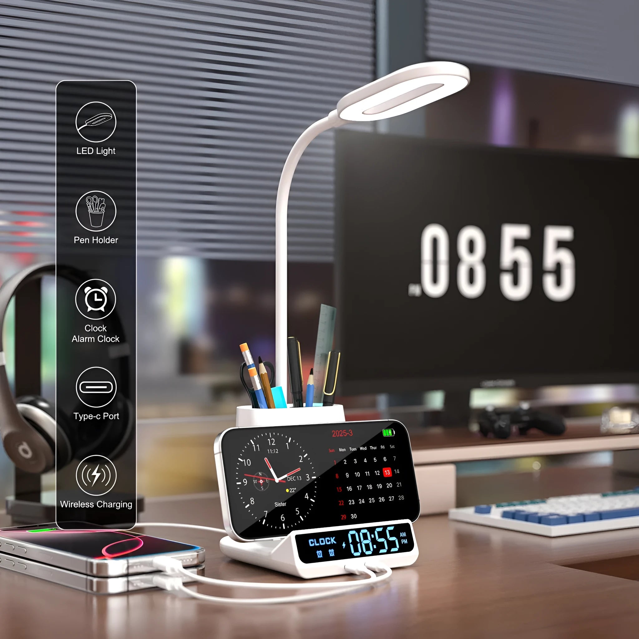 Wireless charging lamp with pen holder storage box in modern design