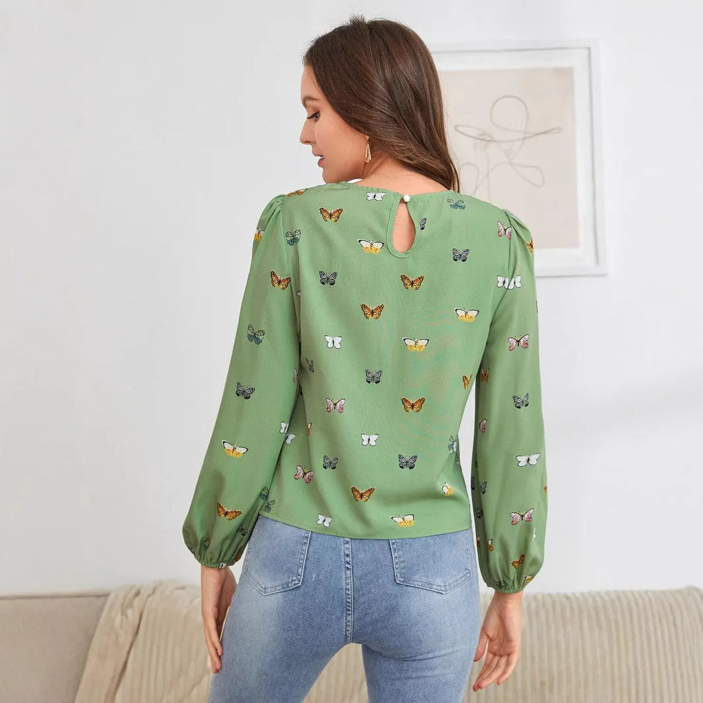 Women's green butterfly print long-sleeved loose fit shirt