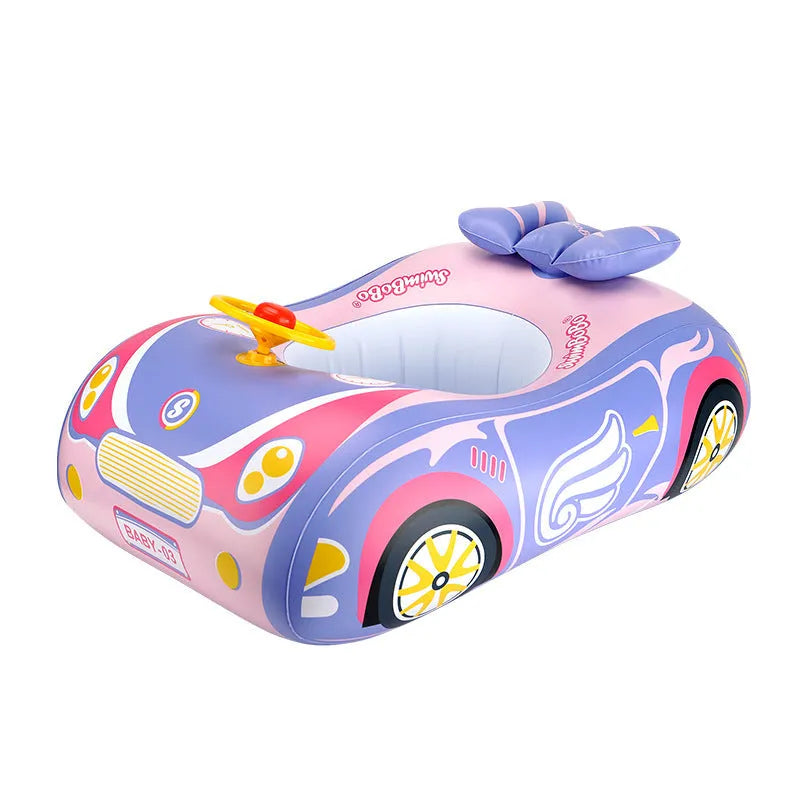 Pink cartoon sports car inflatable swimming ring with steering wheel for children