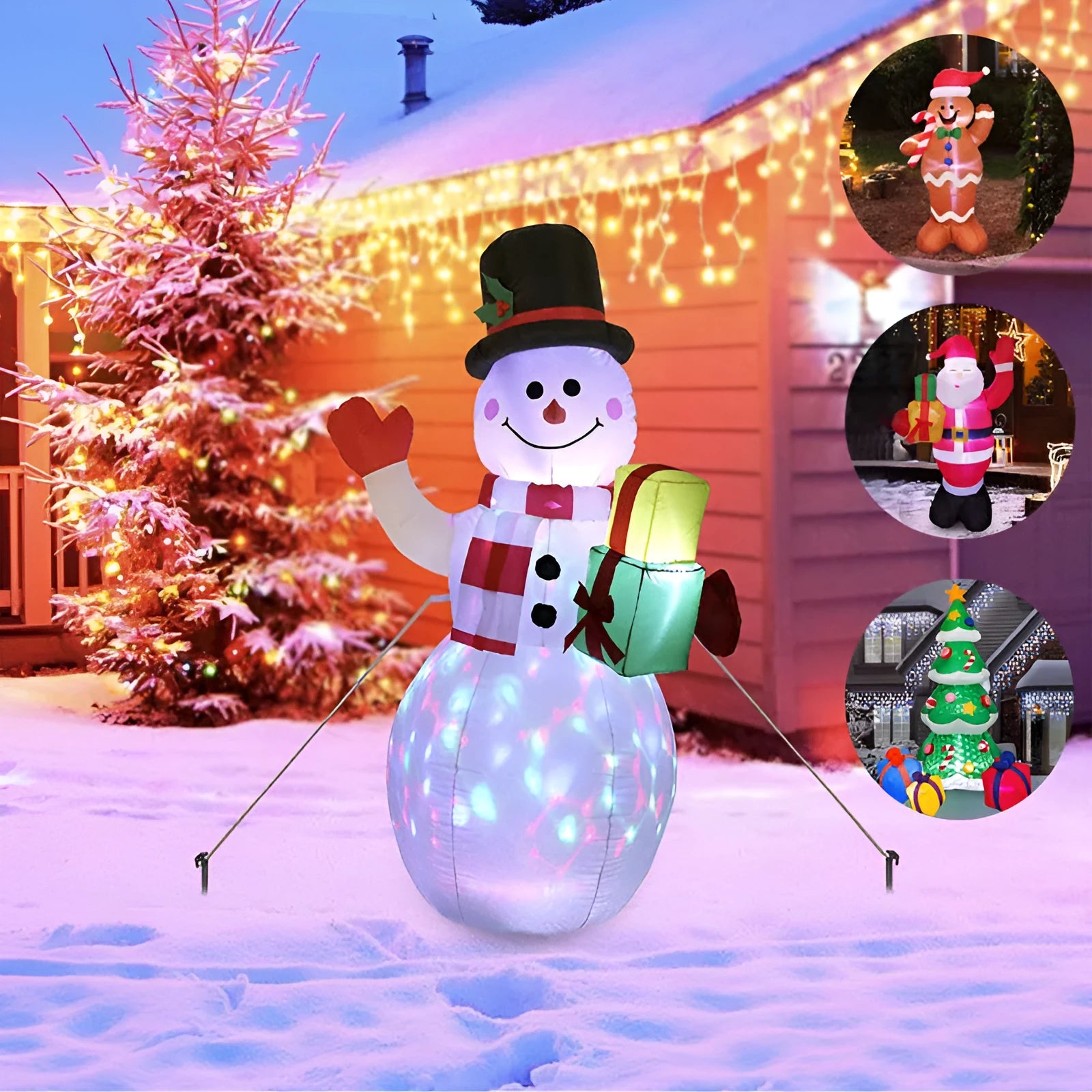 Glowing LED inflatable Christmas decorations including Santa, snowman, and a Christmas tree for outdoor garden use.