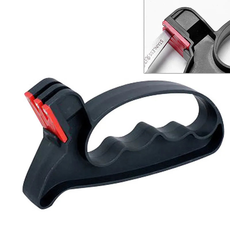Black handheld knife and scissor sharpener with tungsten steel blade on white background