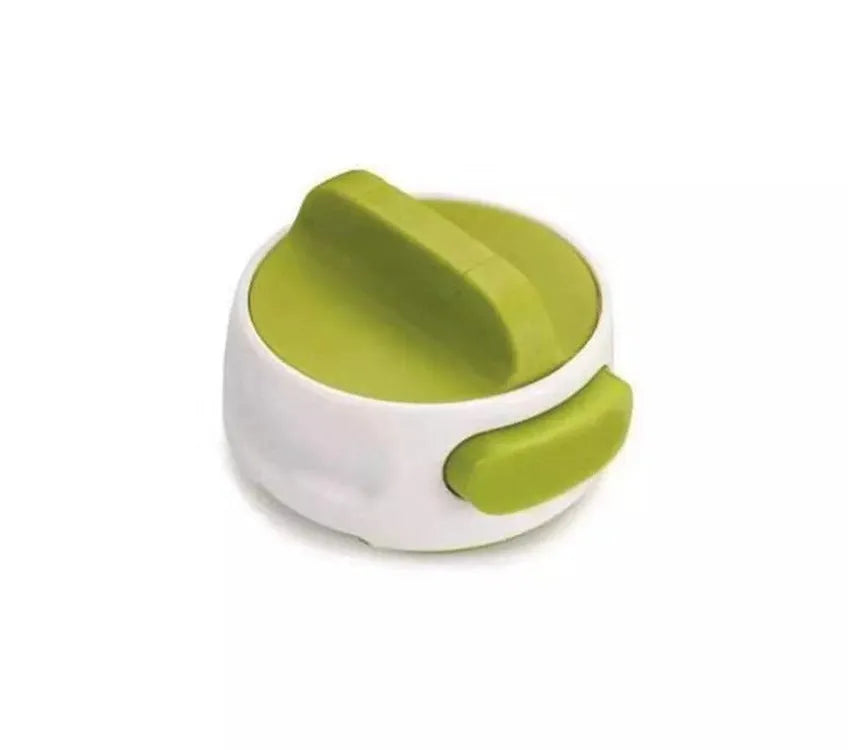 Green stainless steel lid opener kitchen gadget showing dimensions and screw mechanism