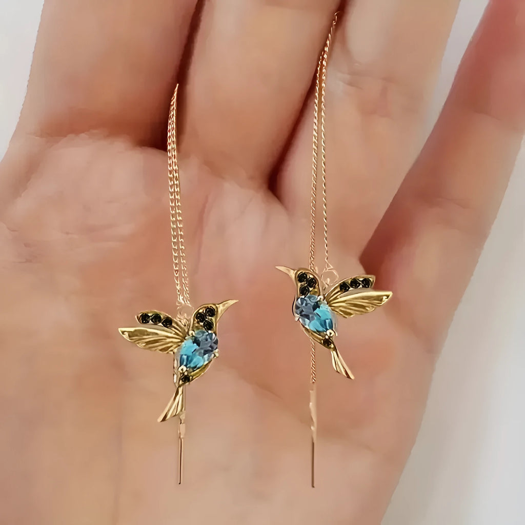 Personalised long drop earrings with bird charm and zirconium wing accents in electroplated colours