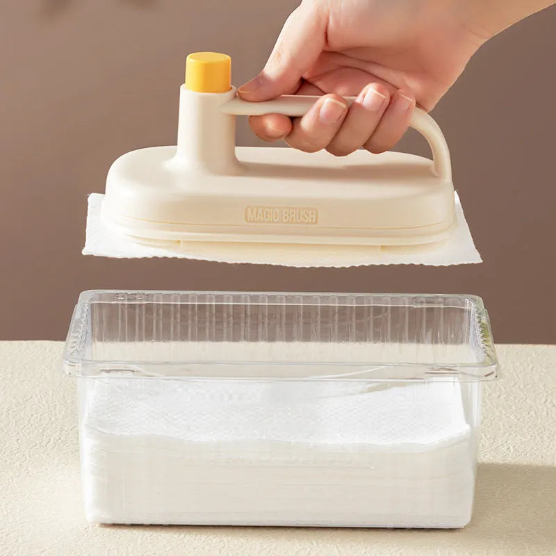 Magic cleaning brush with plastic handle and 50 disposable white non-woven fabric rag refills for household cleaning